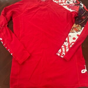 Vibrant Red Long Sleeve Tee with Artistic Design